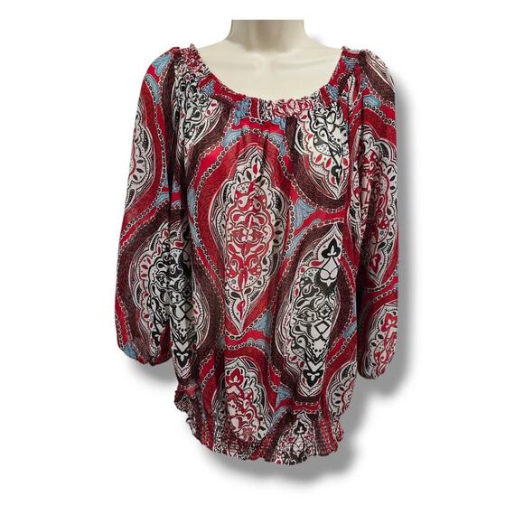 Daisy Fuentes women's multicolor medallion long sleeves off the shoulder Blouse - Picture 7 of 11